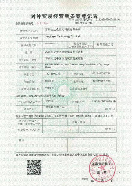 Chine SinoLaser Technology Co., Ltd. certifications